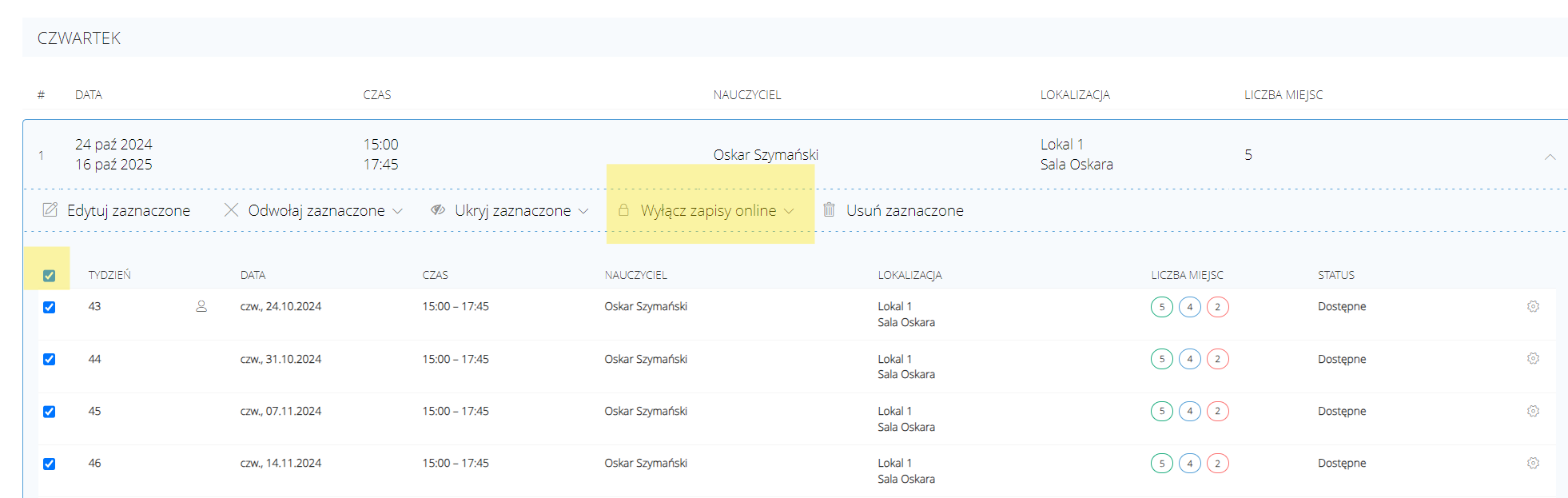 Disable booking for bulk class dates