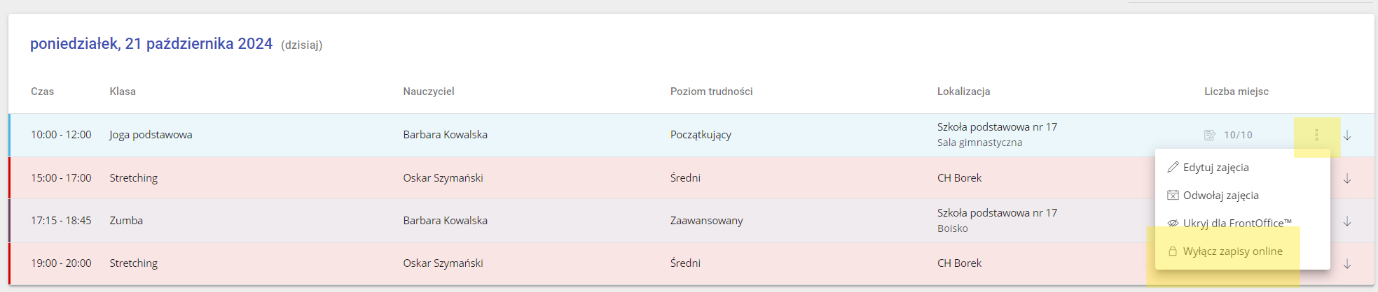 Disable booking from schedule